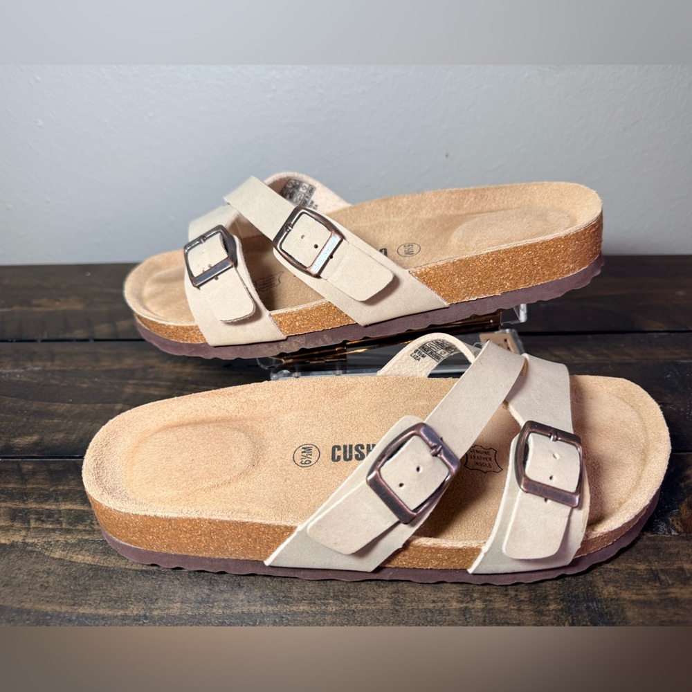 Comfort Cushioned Women's Beige Slide Sandals with Buckles